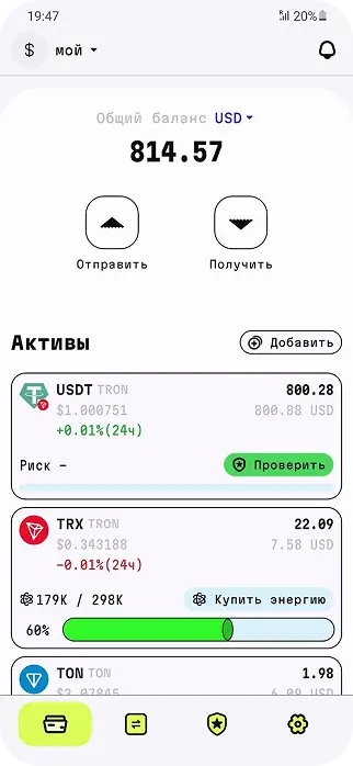 Main screen with balance and assets