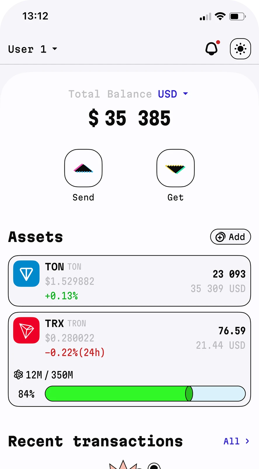 Main screen with balance and assets